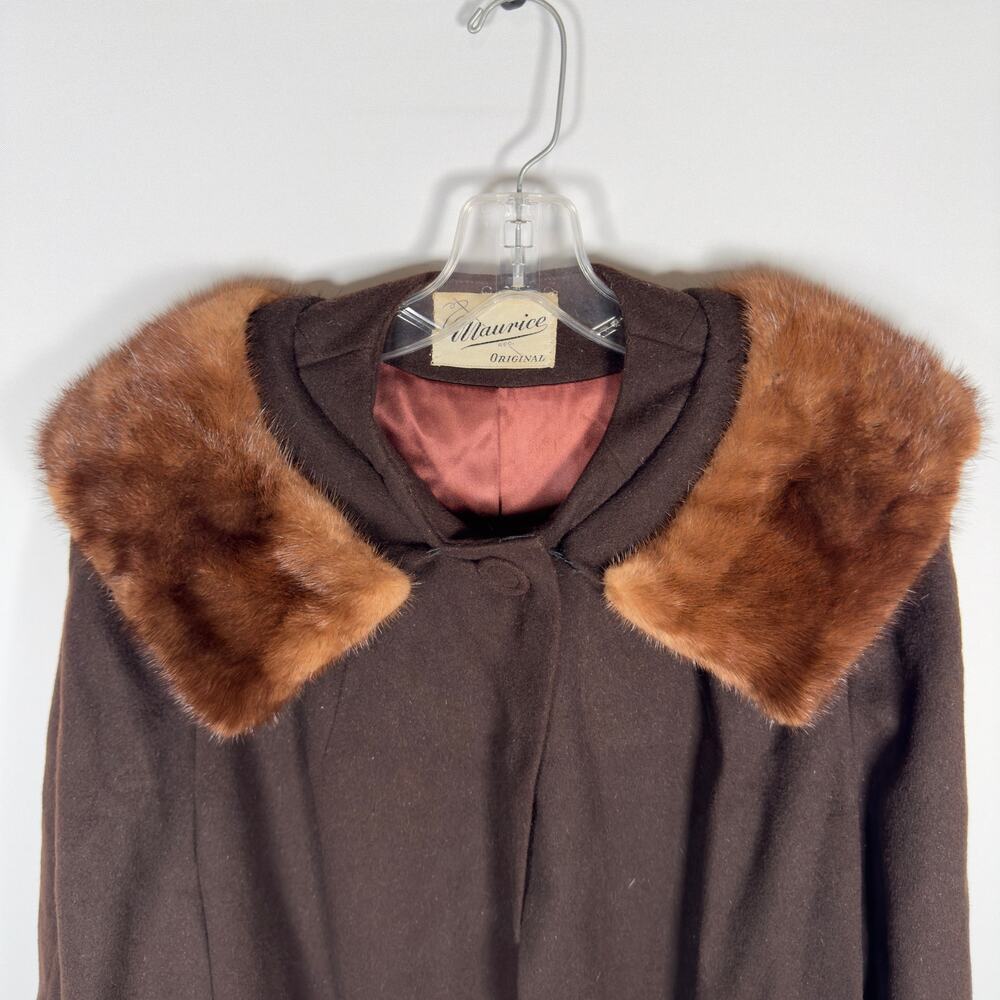 Vintage 1960's Maurice Brown Winter Overcoat Fur Collar Women's Size 8/ Medium - Picture 5 of 9